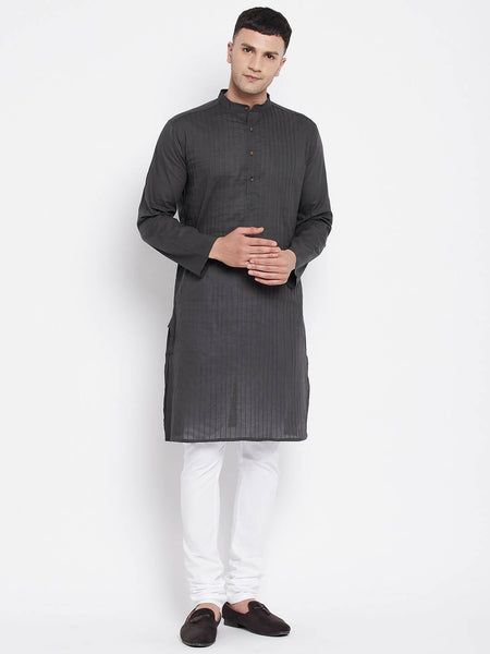 Even Apparels Grey Pure Cotton Men's Kurta With Band Collar
