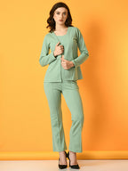 Myshka Women's Green Solid Coat With Trousers