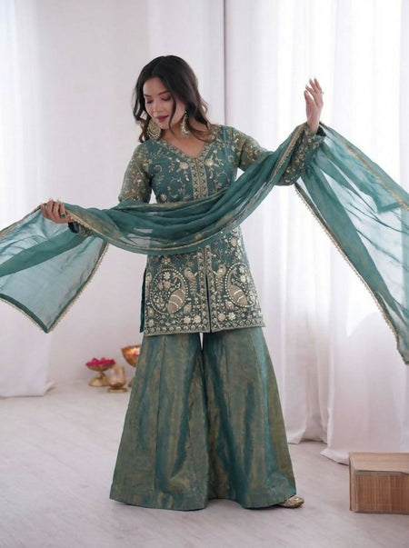 Teeya Creation Teal Color Fendy Silk Embroidery Work Wedding Wear Salwar Suit