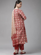 Yufta Maroon & Beige Ethnic Motifs Screen Print Cotton Straight Kurta Palazzo & Dupatta