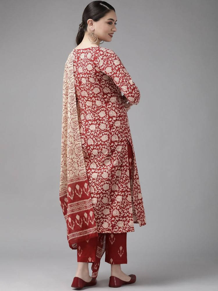 Yufta Maroon & Beige Ethnic Motifs Screen Print Cotton Straight Kurta Palazzo & Dupatta