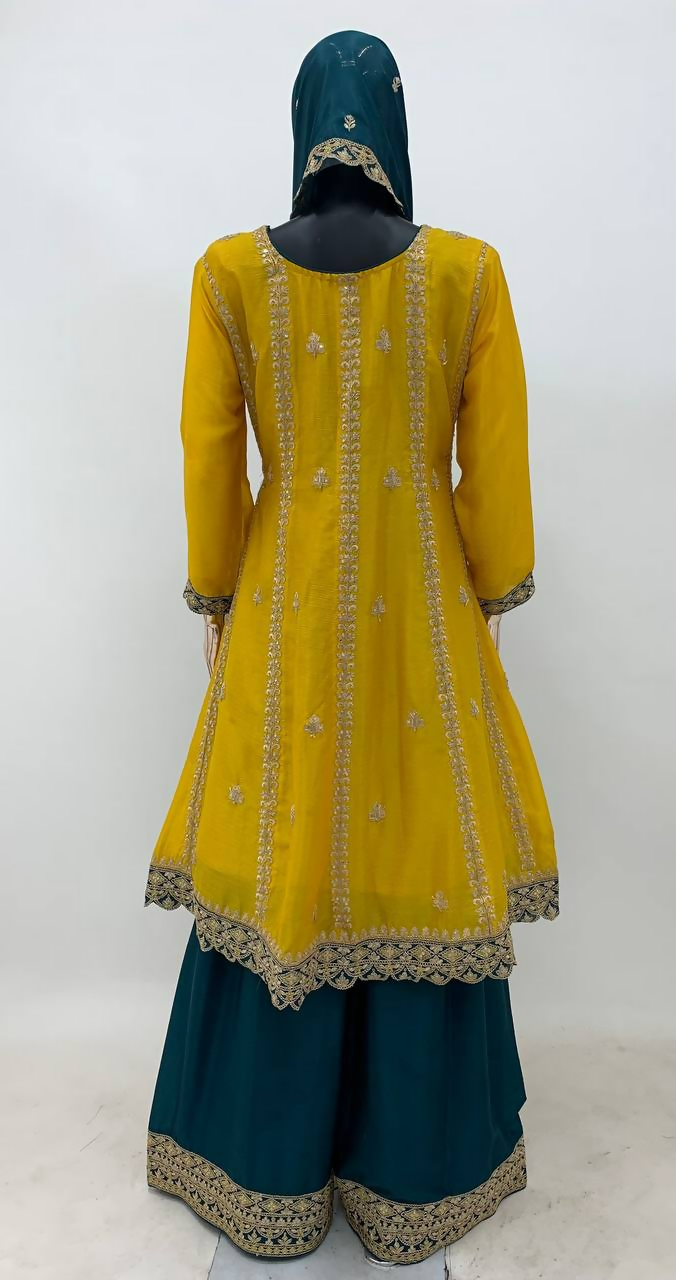 Lorenvalley Fashion Yellow and Rama Chinon Embroidery With Sequince Work Salwar Kameez Stitched