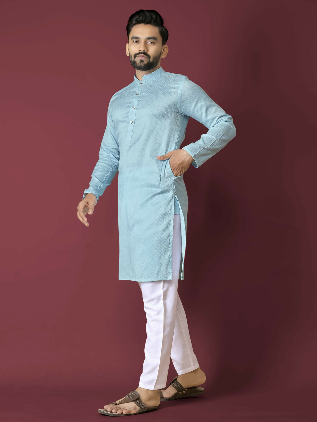Anaita Sky Blue Solid Soft Jacquard Silk Straight Kurta