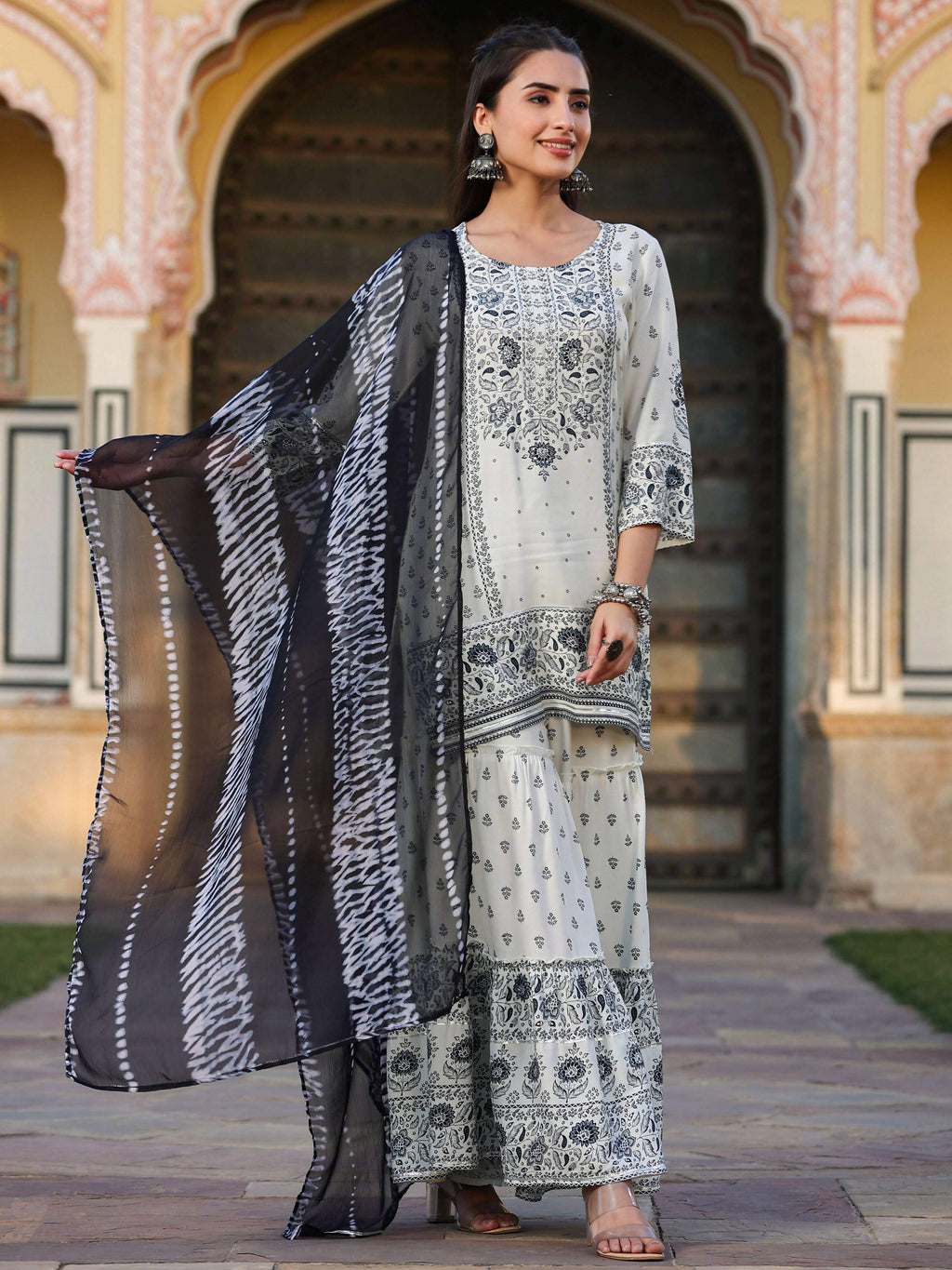 Juniper Women's Off White Rayon Floral Placement Kurta With Sharara And Dupatta Set - Distacart