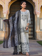 Juniper Women's Off White Rayon Floral Placement Kurta With Sharara And Dupatta Set - Distacart