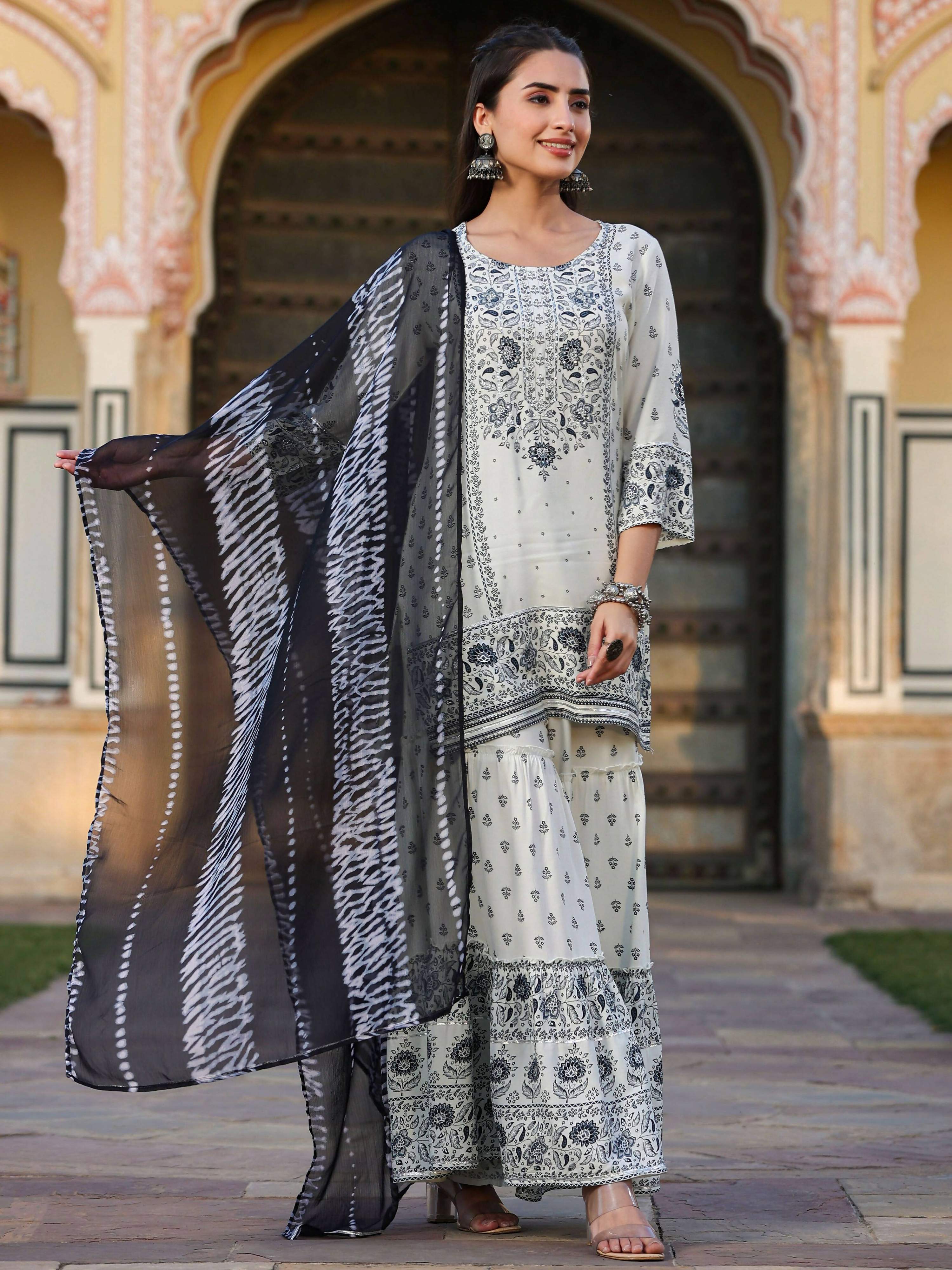 Juniper Women's Off White Rayon Floral Placement Kurta With Sharara And Dupatta Set - Distacart
