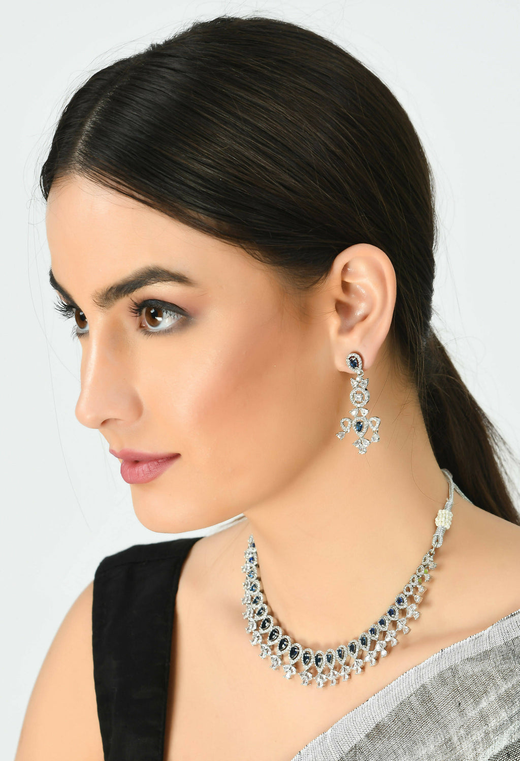 Mominos Fashion Johar Kamal Silver-Plated American Diamond Silver Blue Choker Set - Distacart