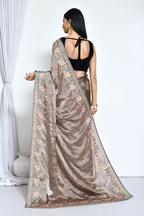 Brown Satin Silk Sequence Embroidered with Stone work Saree - Nimaya Benzy