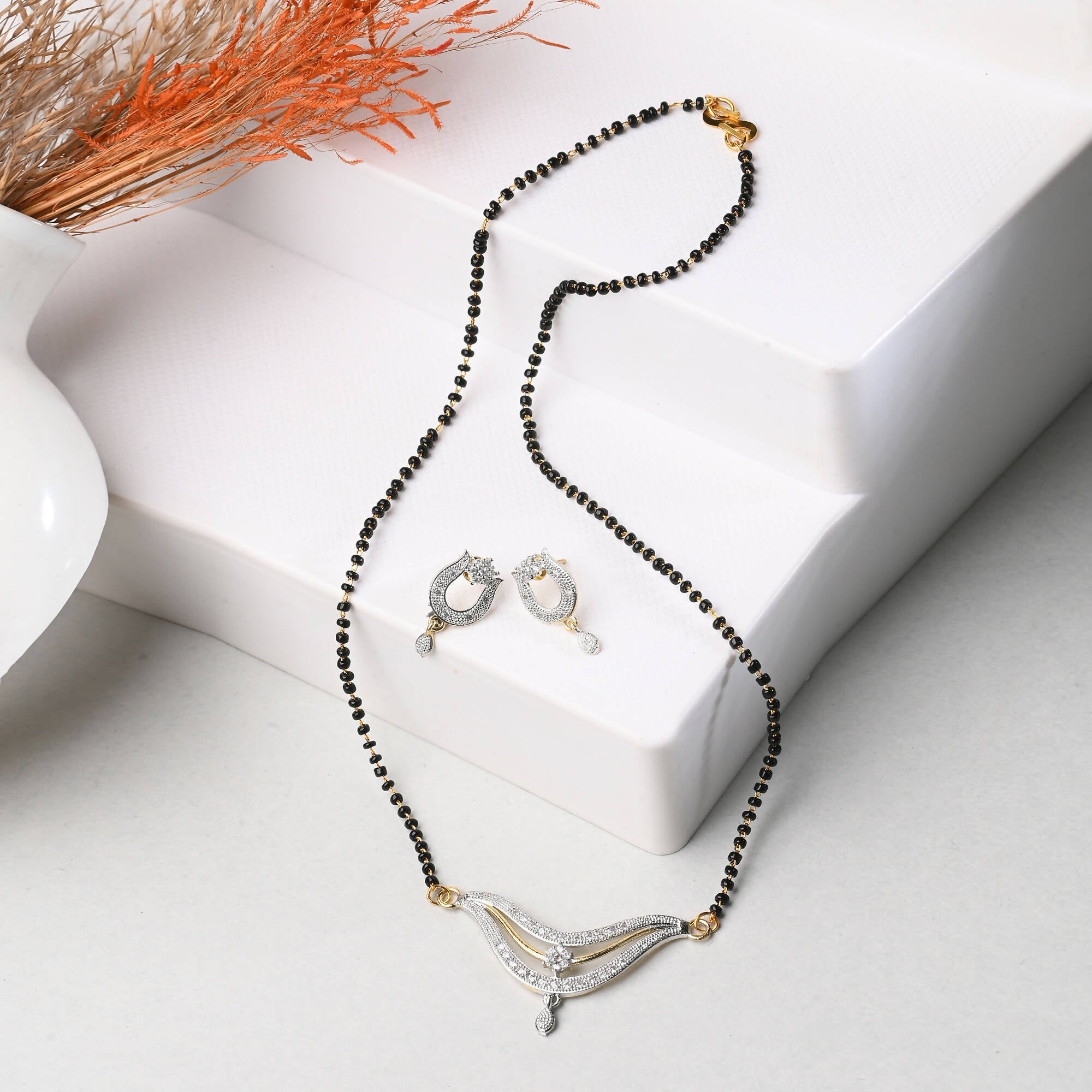 AanyaCentric Gold-Polished Mangalsutra with Pendant, 2 Pair Earrings