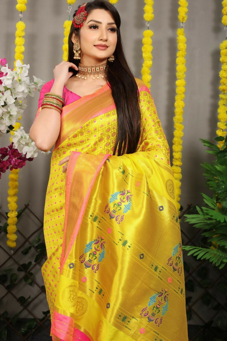 Jyoti Fashion Women's Yellow Banarasi Silk Zari Woven Saree with Blouse