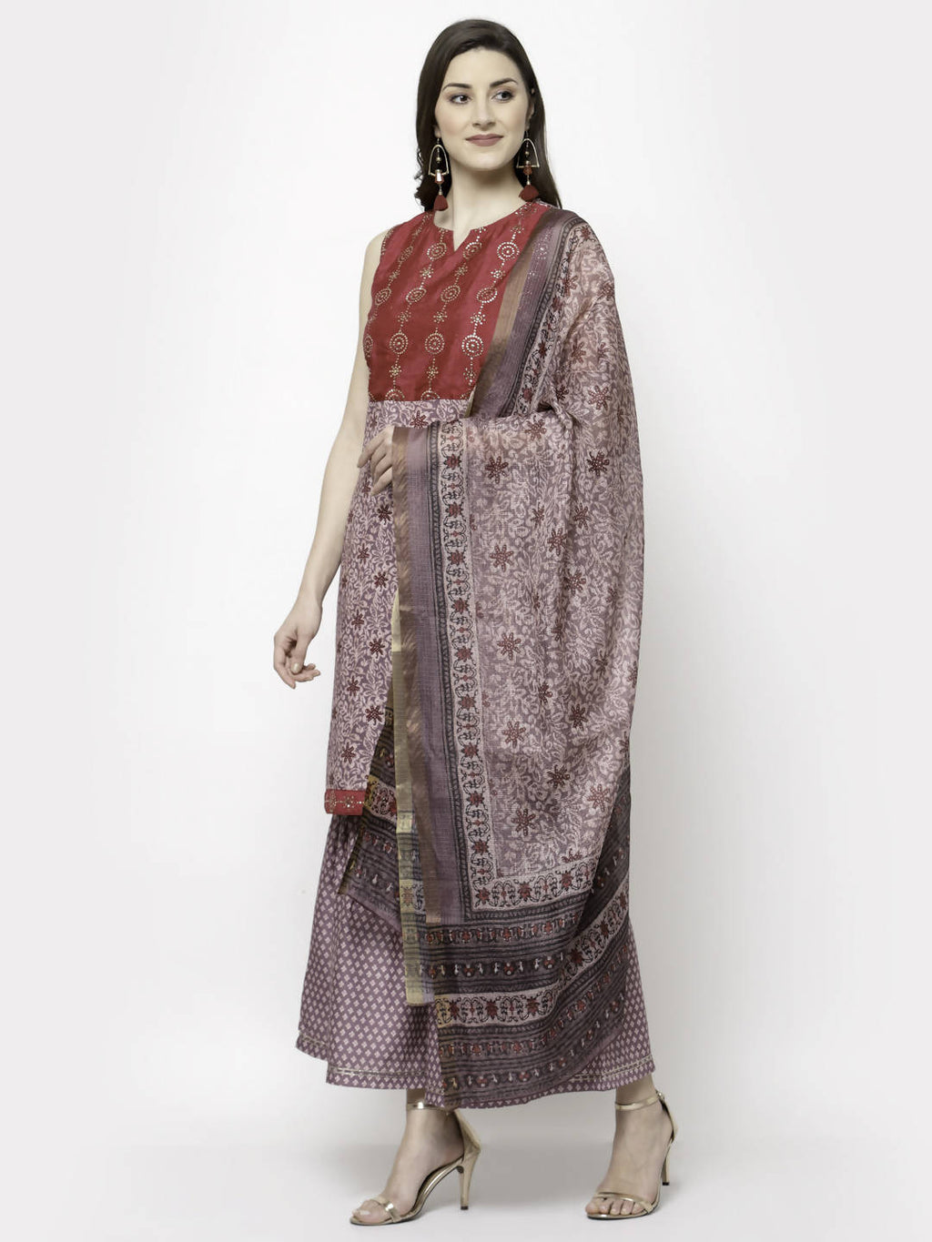 Myshka Multicolor Cotton Blend Printed Sleeveless Round Neck Kurta Palazzo Dupatta Set