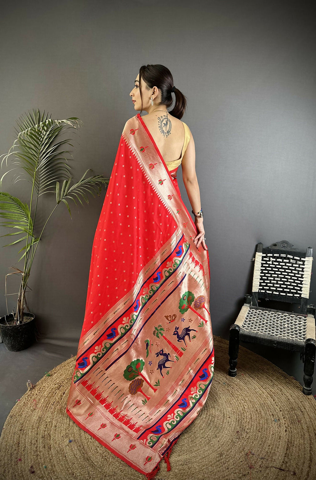 Joban Fashion Red Peacock & Floral Motifs Soft Lichi Silk Kanchipuram Saree - Distacart