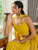 Janasya Yellow Georgette Solid Lehenga Choli Dupatta