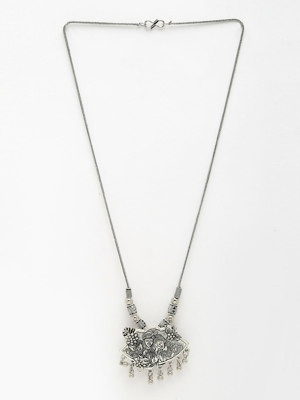 NVR Women's Silver-Toned Radha Krishna Pendant with Chain