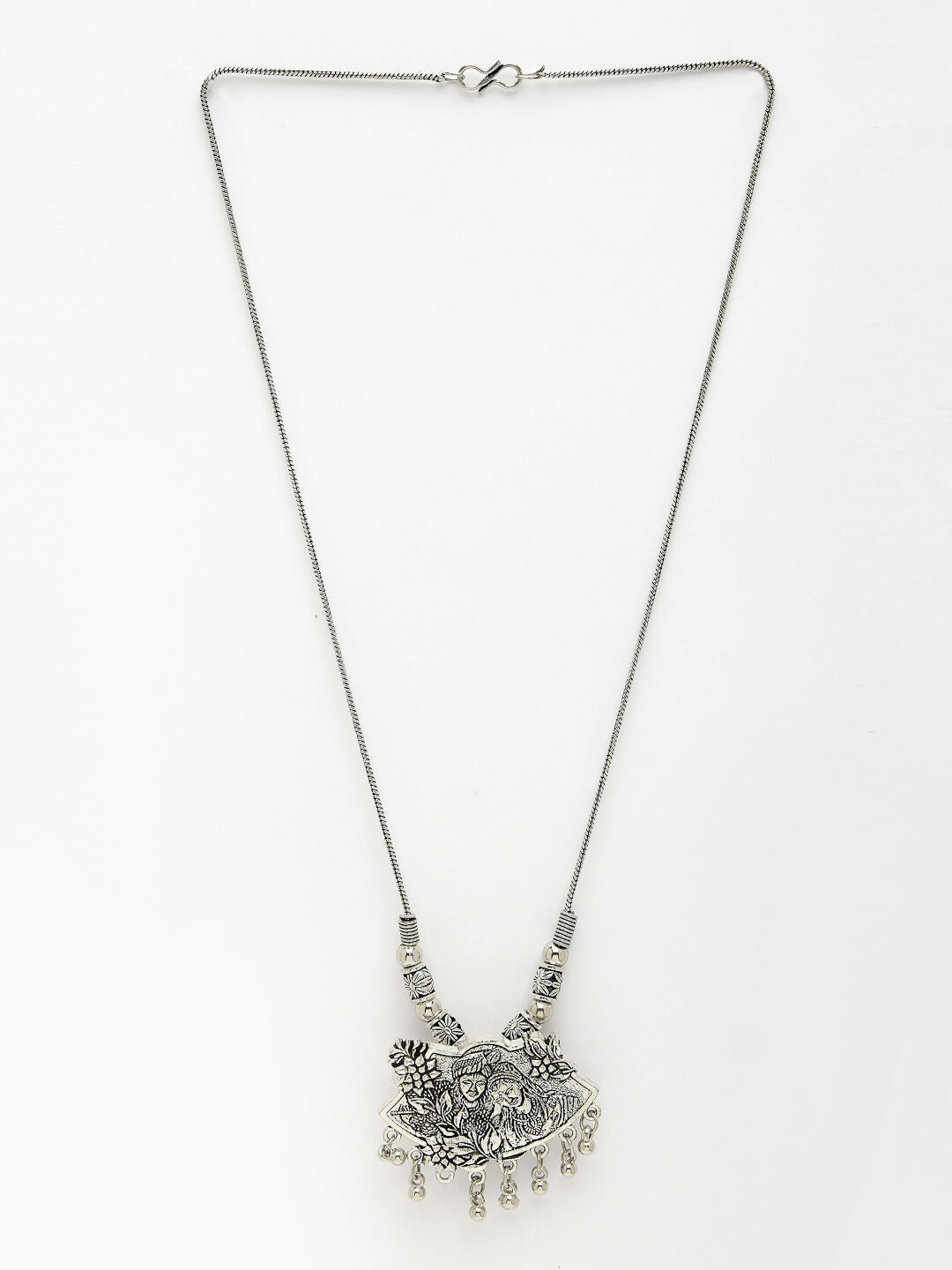 NVR Women's Silver-Toned Radha Krishna Pendant with Chain