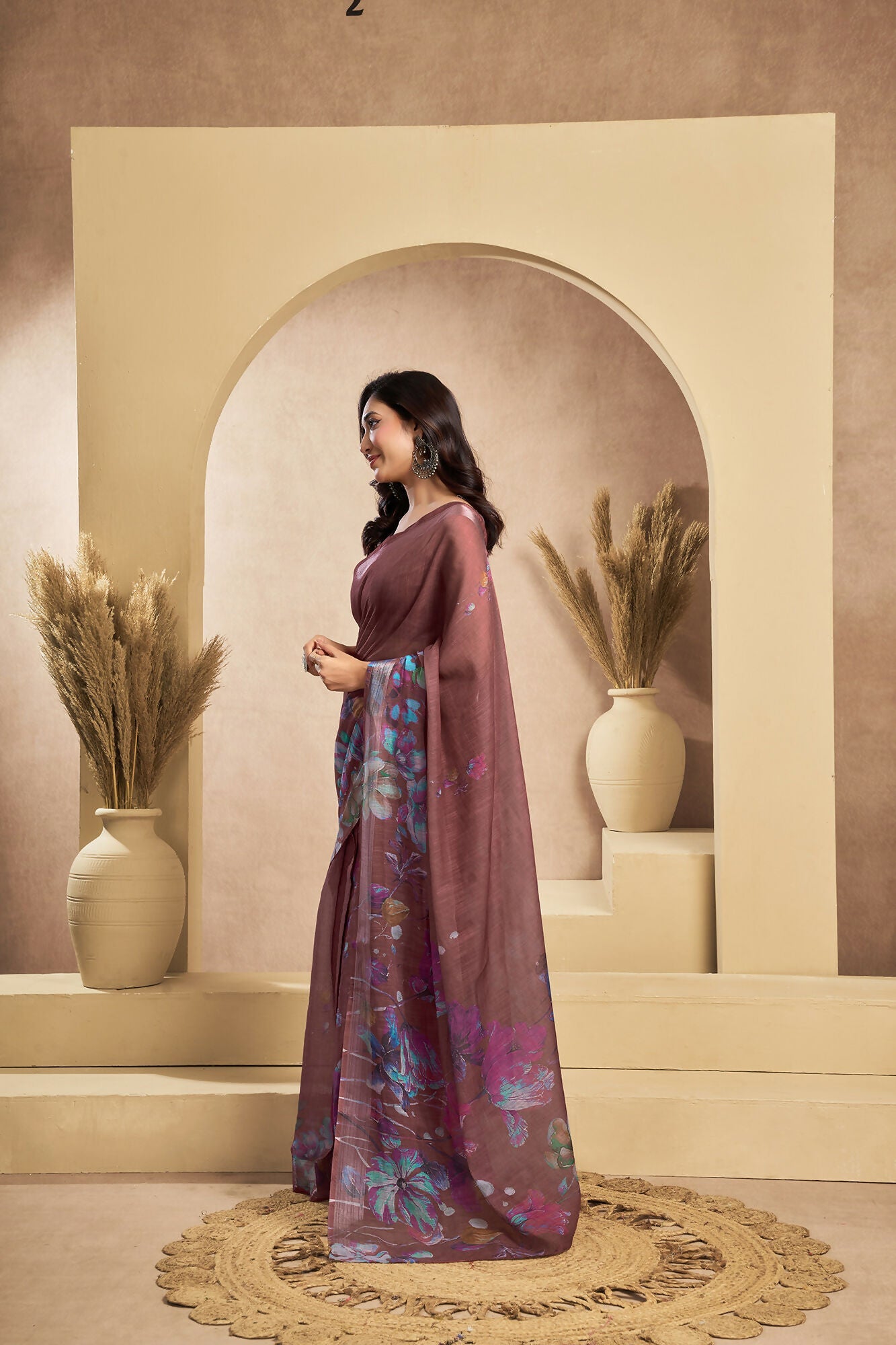 Vastranavya Coffee Digital Printed Linen Ready To Wear Designer Saree with Unstitched Blouse - Distacart