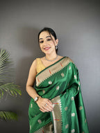 Joban Fashion Green Peacock & Floral Motifs Soft Silk Kanchipuram Saree - Distacart