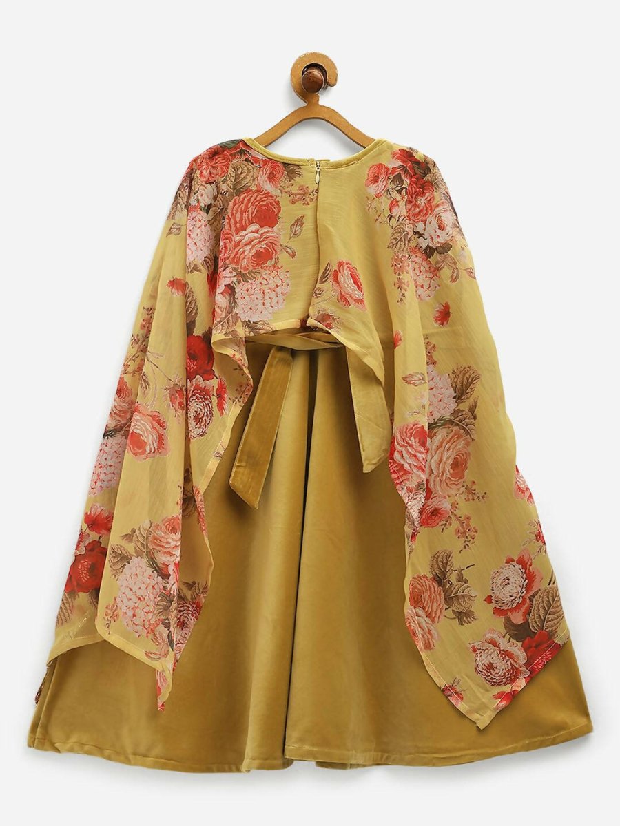 Ahalyaa Mustard Velvet Kids Dress With Attached Dupatta For Girls