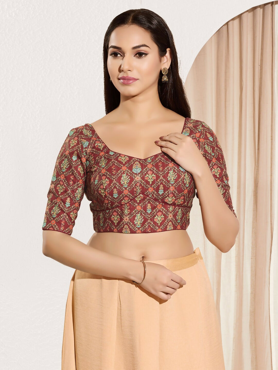 Joban Fashion Maroon Viscose Rayon Padded Blouse With Sweetheart Neck Elbow Sleeves - Distacart