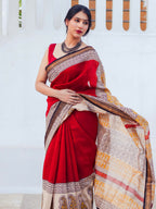 Zibaa Hand-Blocked Pure Maheshwari Silk Red Saree - Distacart