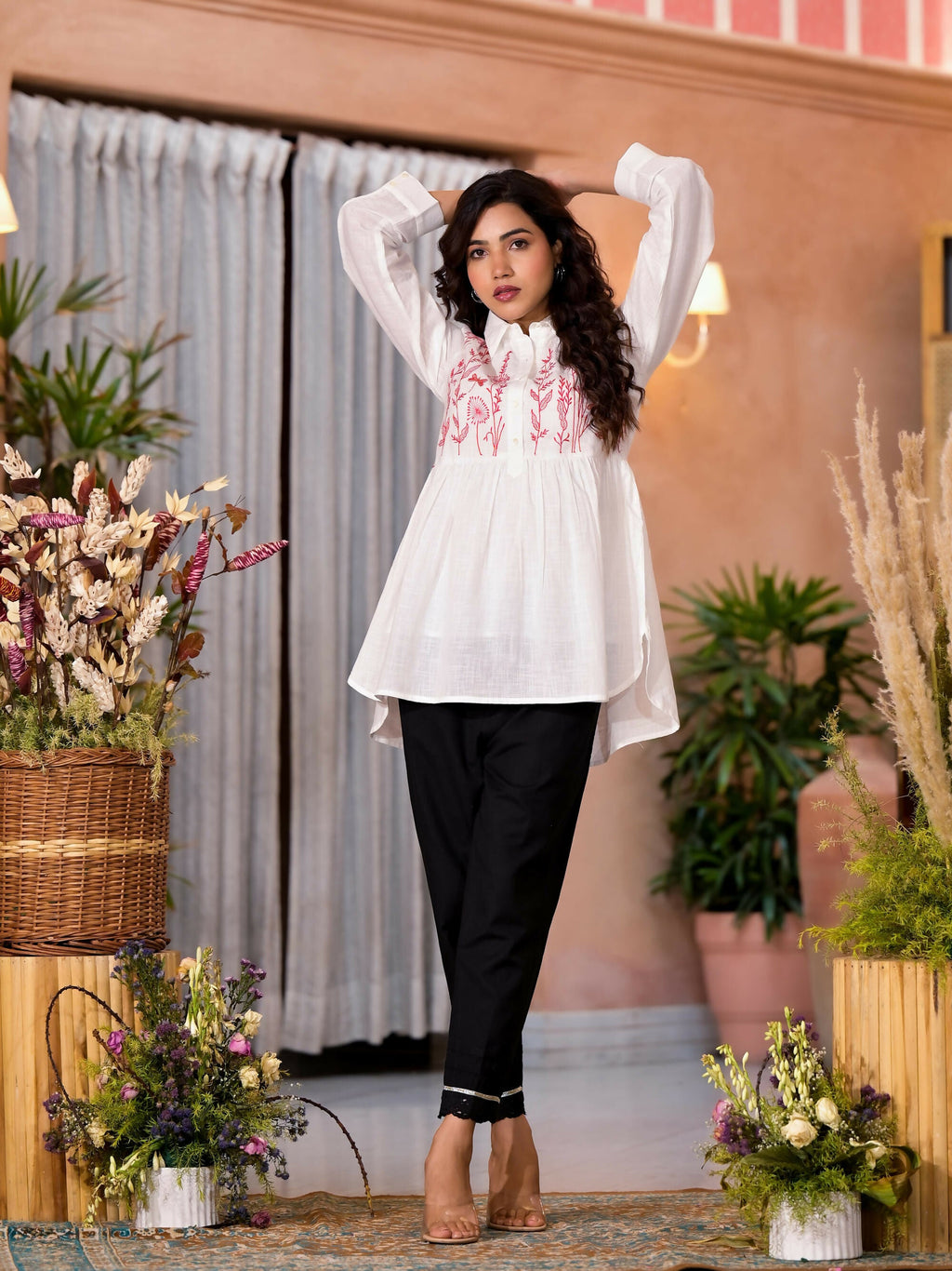 Juniper Women's White Thread Embroidered Cotton Tunic With Button Closure
