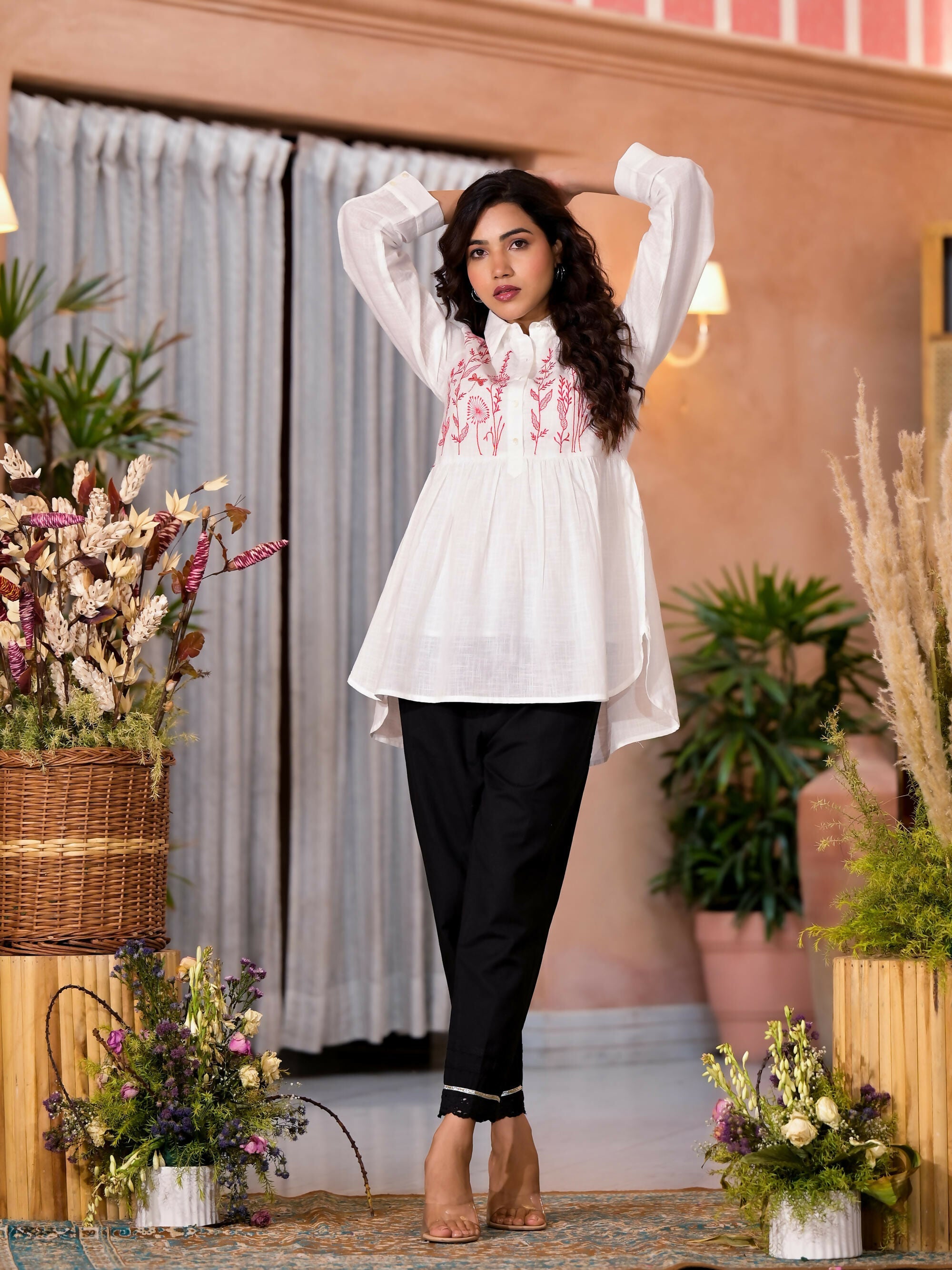 Juniper Women's White Thread Embroidered Cotton Tunic With Button Closure