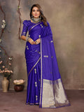 Joban Fashion Indigo Blue Floral & Botanical Motifs Satin Silk Banarasi Silk Saree - Distacart