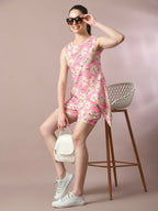 Myshka Women's Pink Printed Round Neck Party Top With Shorts Co-ord set