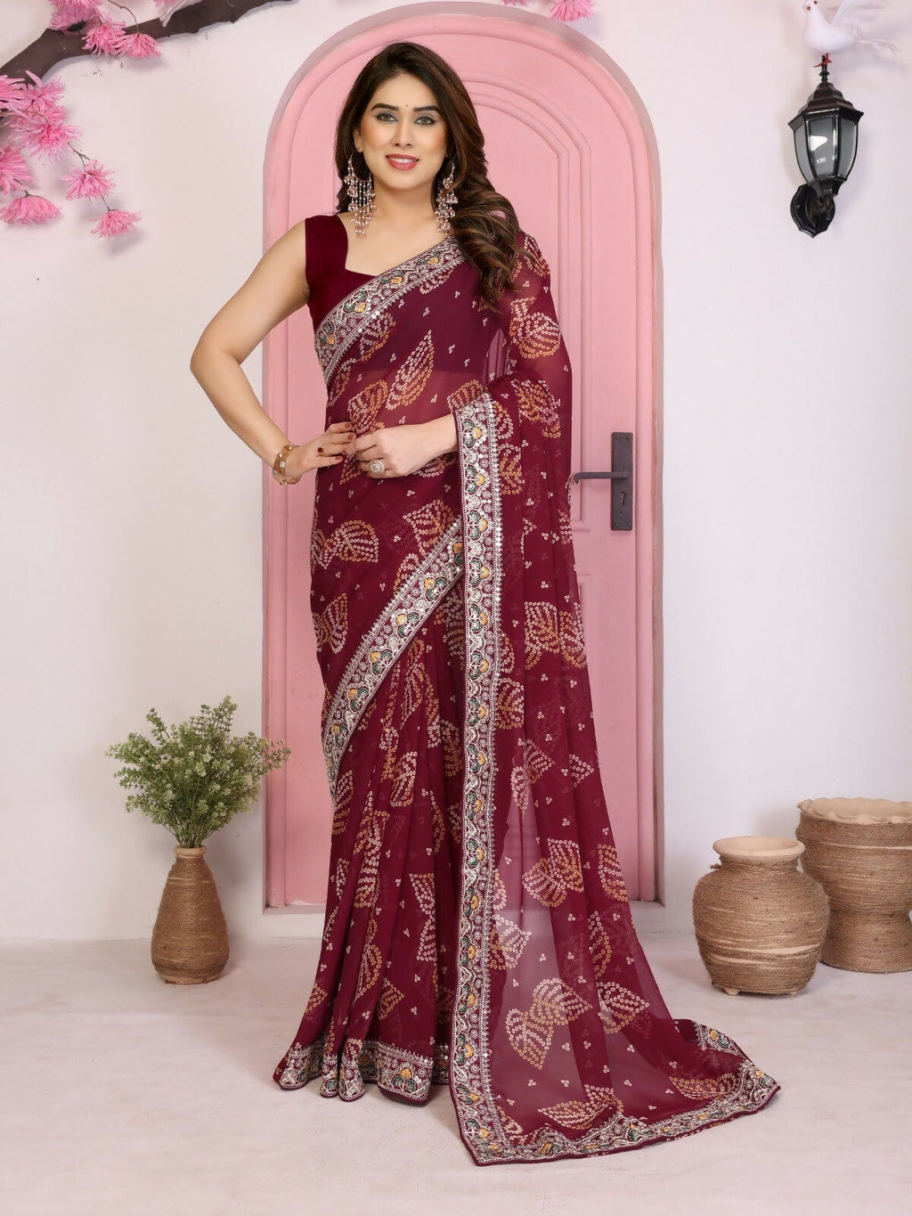 Ai Fashion Wine Georgette Rajwadi Bandhani Print Party Wear Saree - Distacart