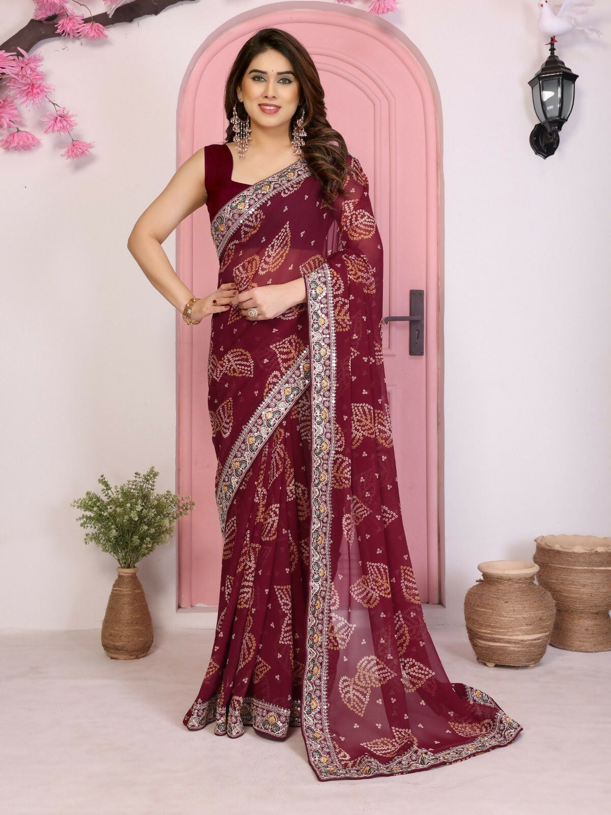 Ai Fashion Wine Georgette Rajwadi Bandhani Print Party Wear Saree - Distacart