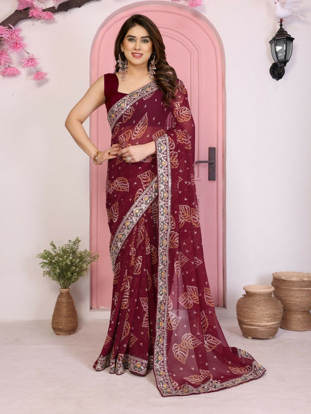 Ai Fashion Wine Georgette Rajwadi Bandhani Print Party Wear Saree