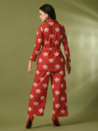 Myshka Women's Rust Printed Polo Collar Party Top With Trousers Co-ord set