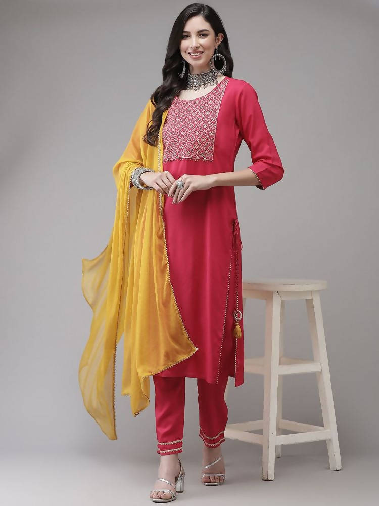 Yufta Women Pink Solid Kurta with Trouser & With Dupatta