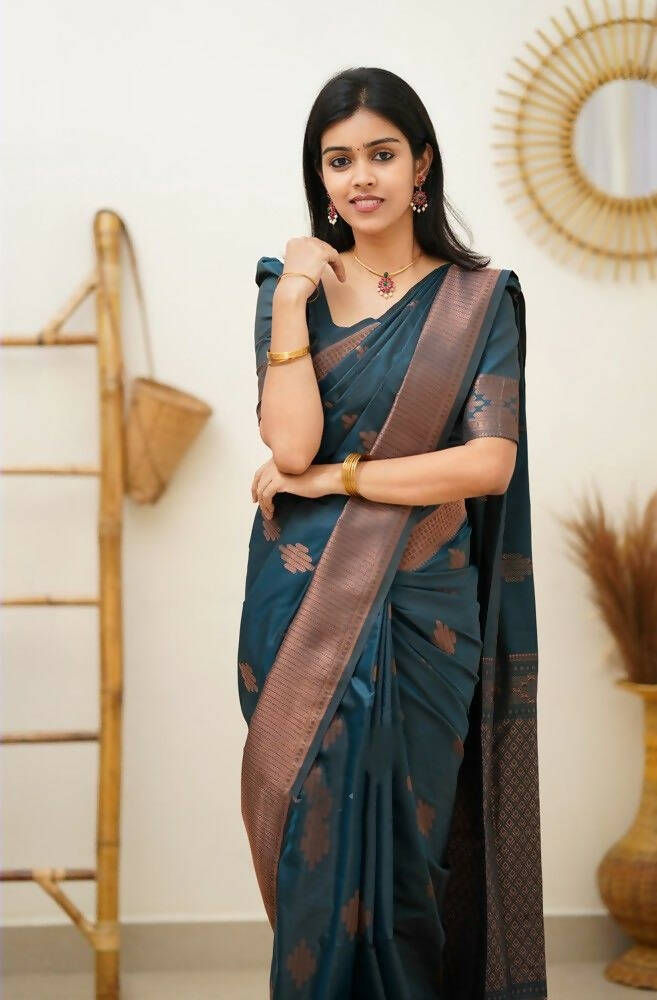 DEIANA'S Beautiful Designer Golden zari Soft Lichi Silk Saree - Teal
