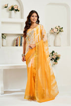 Vastranavya Yellow White Digital Printed Linen Ready To Wear Designer Saree with Unstitched Blouse - Distacart
