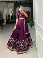 Vastranavya Vichitra Silk Sequins And Thread Embroidery Work Lehenga Choli - Wine