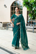 Vastranavya Rama Embroidery Work Shimmer Chiffon Saree with Unstitched Blouse - Distacart