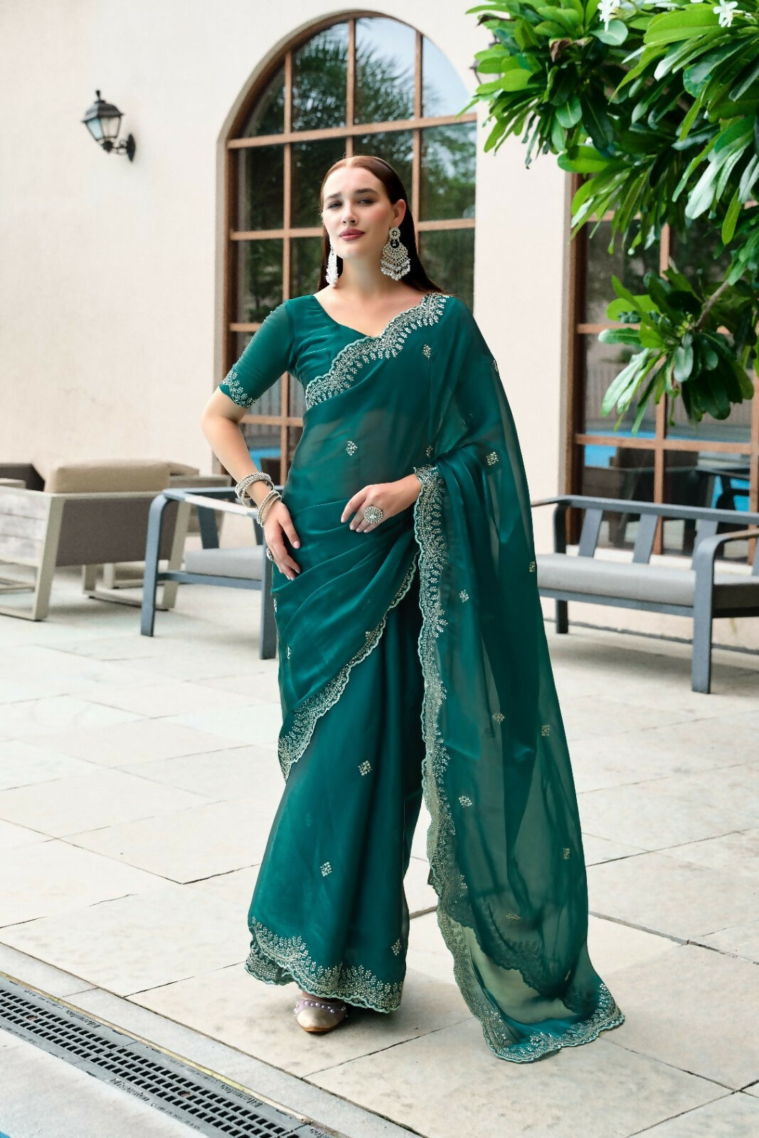 Vastranavya Rama Embroidery Work Shimmer Chiffon Saree with Unstitched Blouse - Distacart