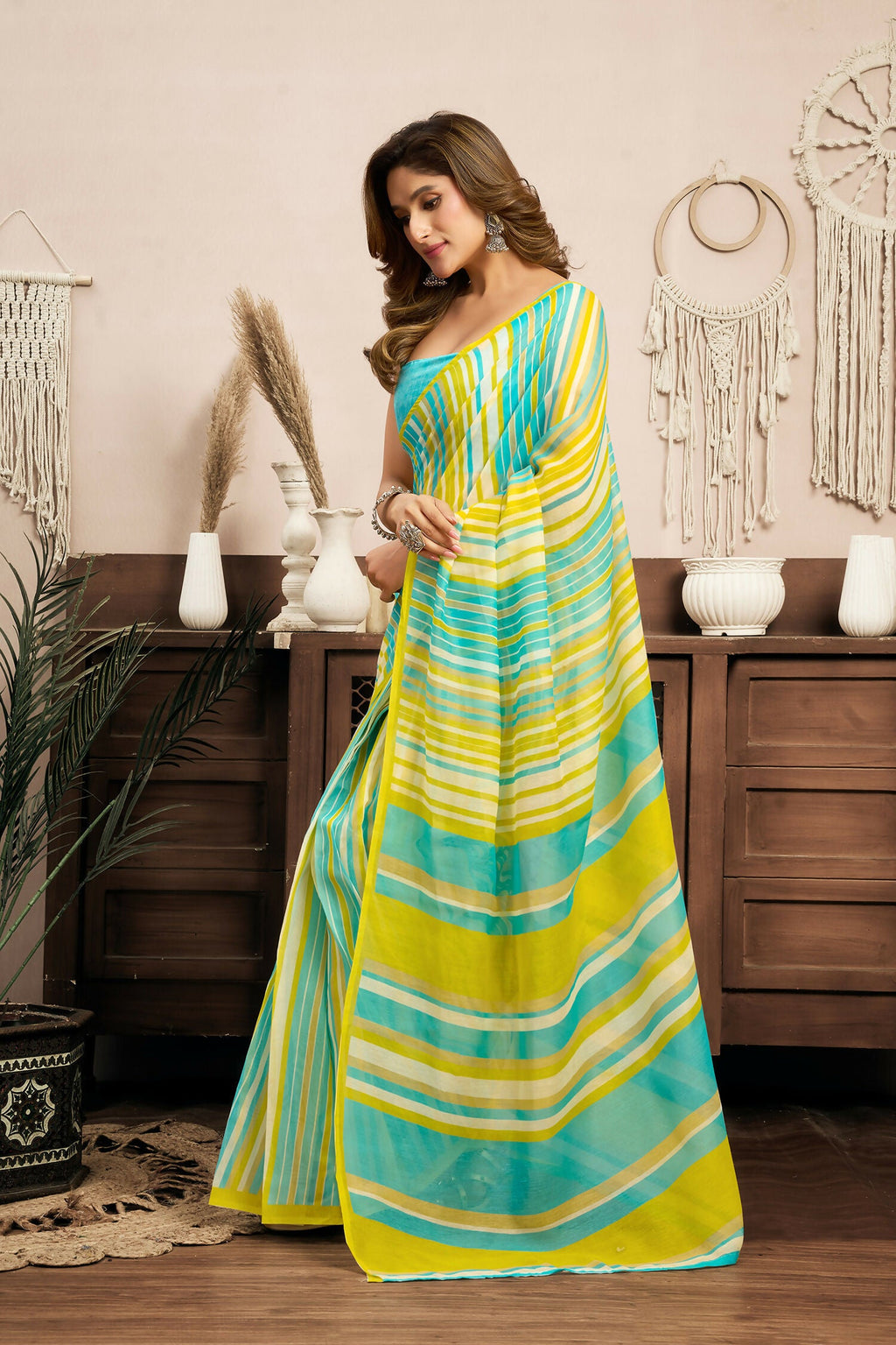 Joban Fashion Yellow Striped (Leheriya) Linen Ready To Wear Saree With Unstitched Blouse - Distacart