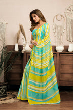 Joban Fashion Yellow Striped (Leheriya) Linen Ready To Wear Saree With Unstitched Blouse - Distacart