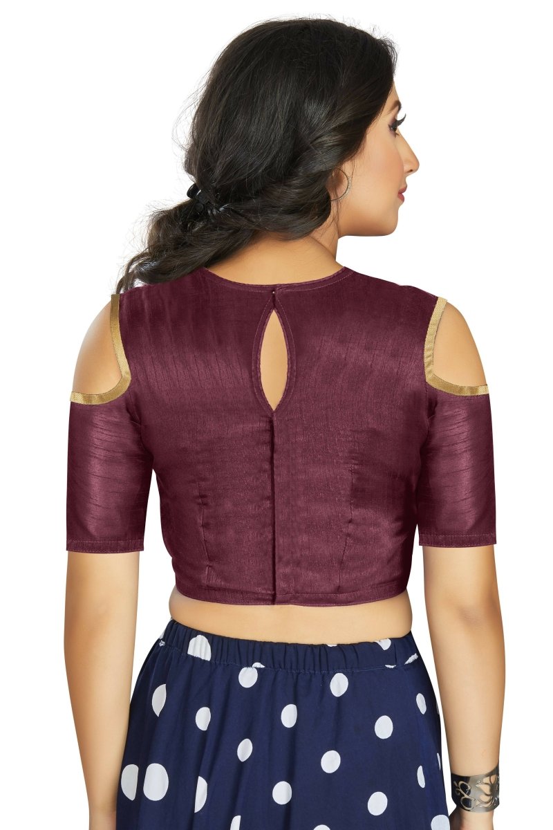 Aastha Fashion Women's Wine Art Silk Cold Shoulder Sleeve Readymade Blouse
