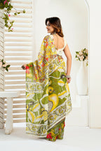 Vastranavya Yellow Digital Printed Linen Ready To Wear Designer Saree with Unstitched Blouse - Distacart