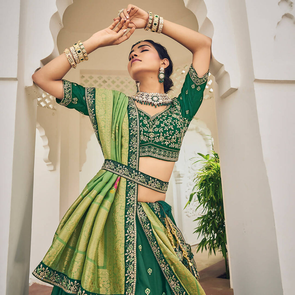 Green Heavy Viscose Khatli, Embroidery & Mirror Work Unstitched Lehenga Choli - Sisha Keshav