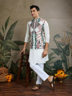 Vastranavya White Exclusive Festival Viscose Silk Thread & Swarovski Embroidered Work Mens Wear Kurta & Koti