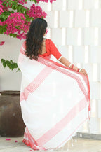 Beatitude White Cotton Zig Zag Border Handloom Saree