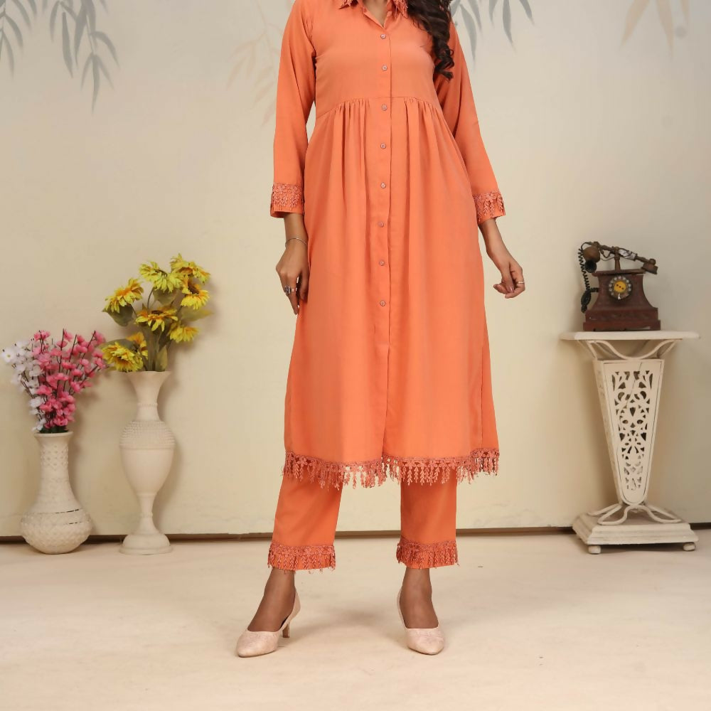 Jyoti Fashion Women's Orange Rinkal Cotton Plain with Side Pocket Kurtis & Sets