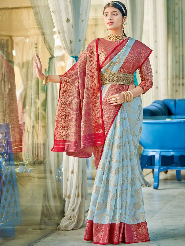 Shree Shyam Fashion Linen Cotton Sky Blue Saree - Distacart