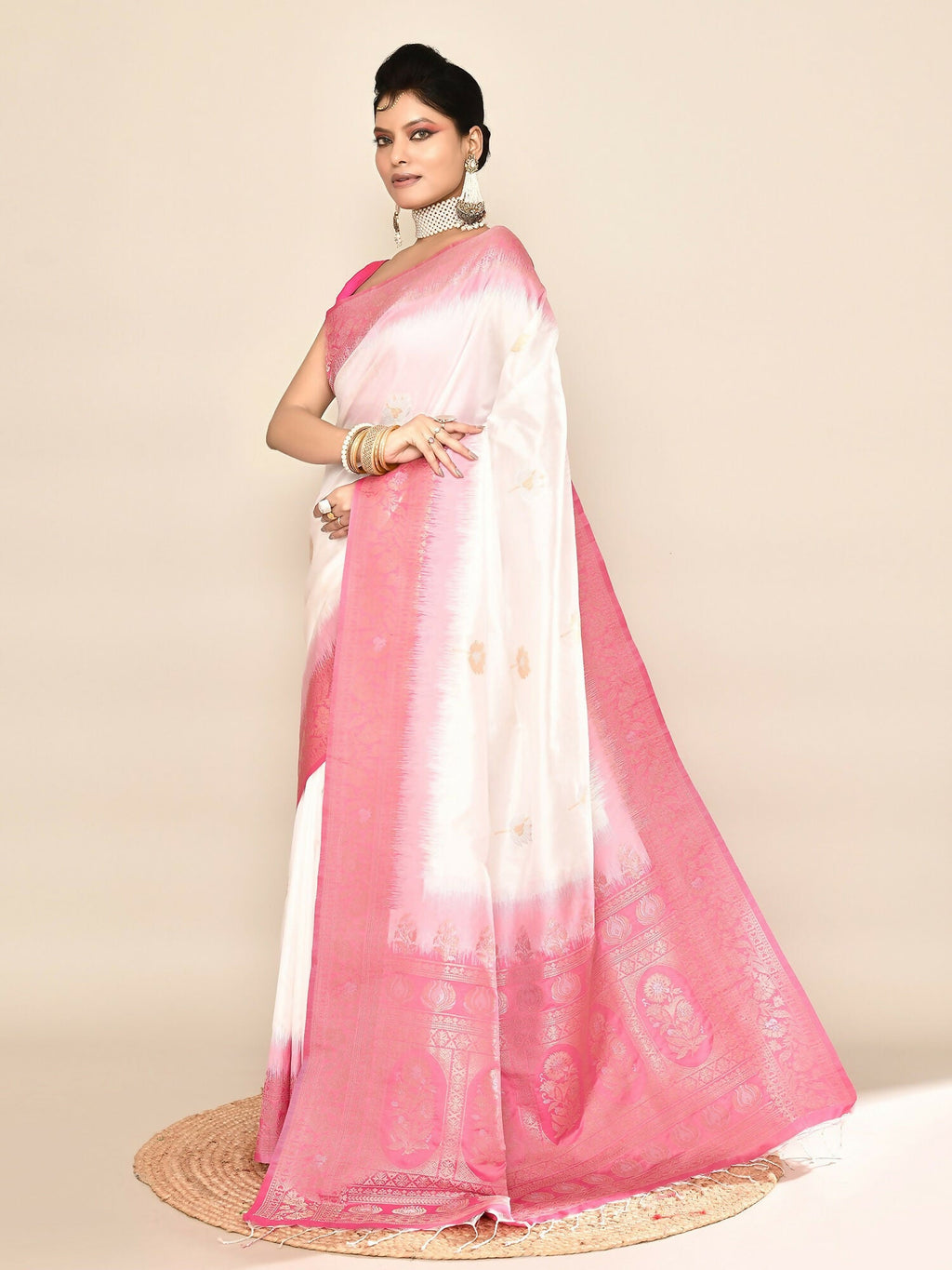 Joban Fashion White & Rani Pink Plain With Weaving Border Banarasi Silk Sarees