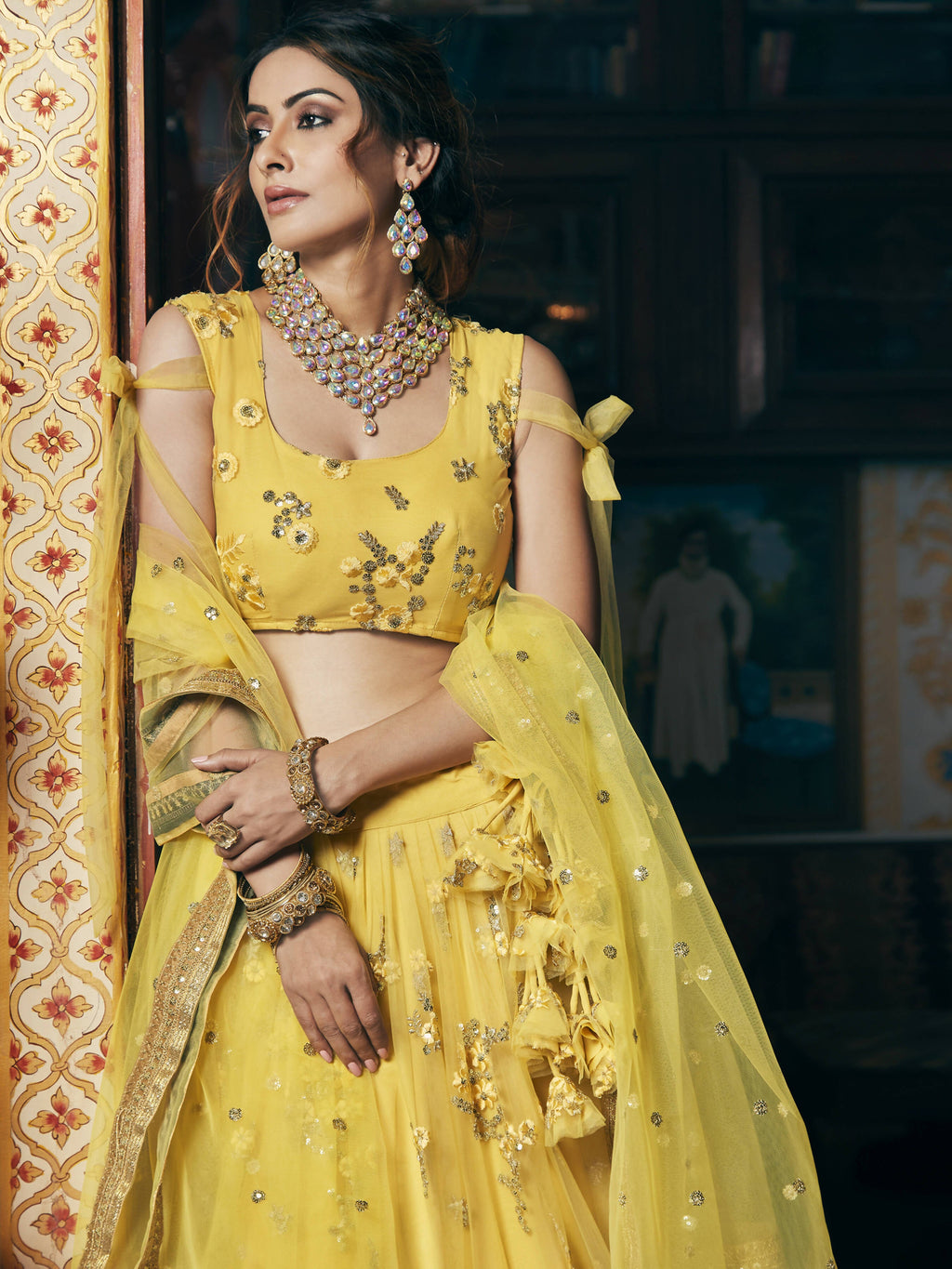 Wedding Designer Sequene Zari Resham Embroidery Yellow Net Lahengha Choli - Anbazaar - Distacart