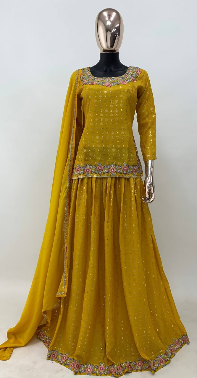 Lorenvalley Fashion Yellow Chinon Embroidery with Sequince Work Salwar Lehenga Stitched